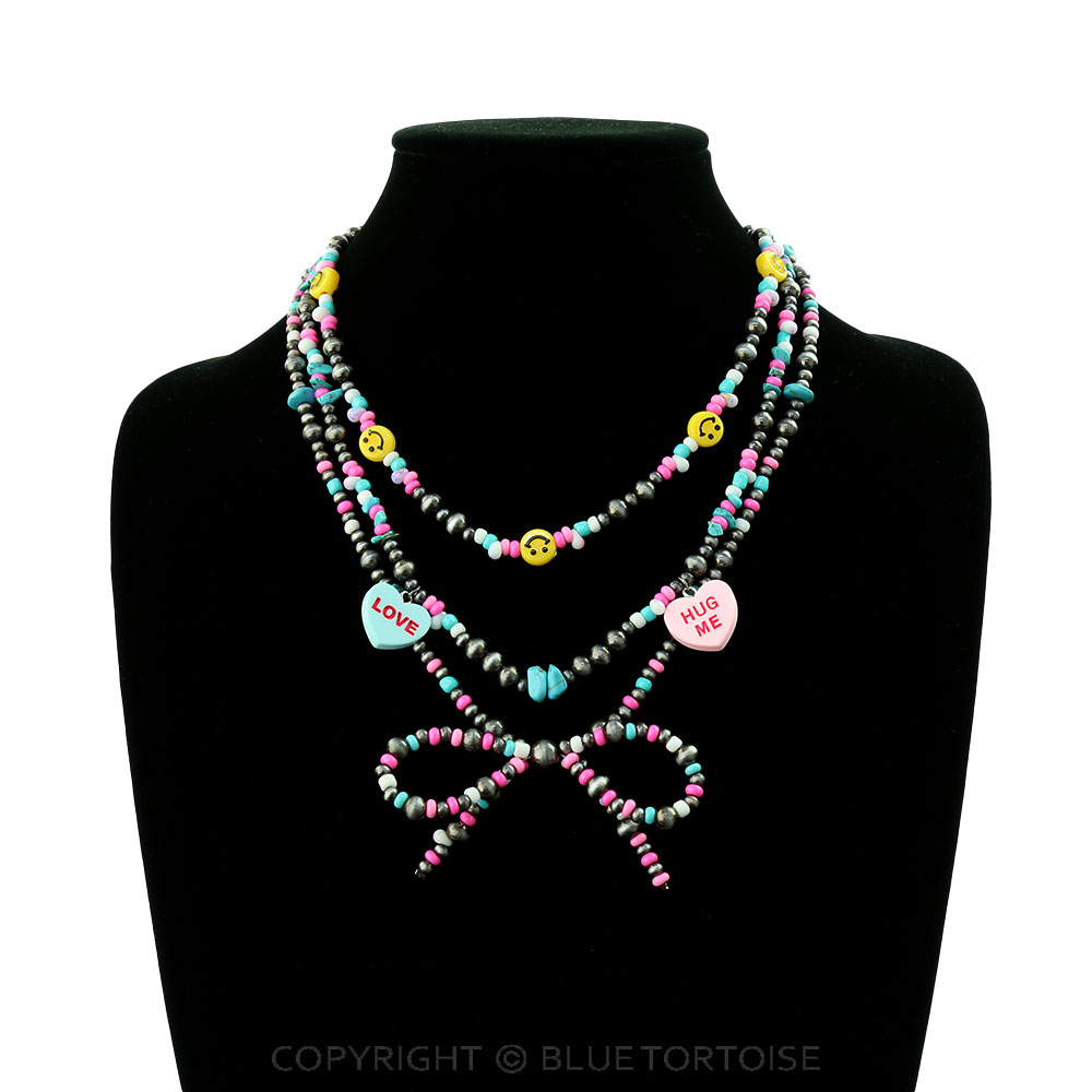 3 Layered Navajo Style Pearl Bow & Heart Bead Necklace - Image 2