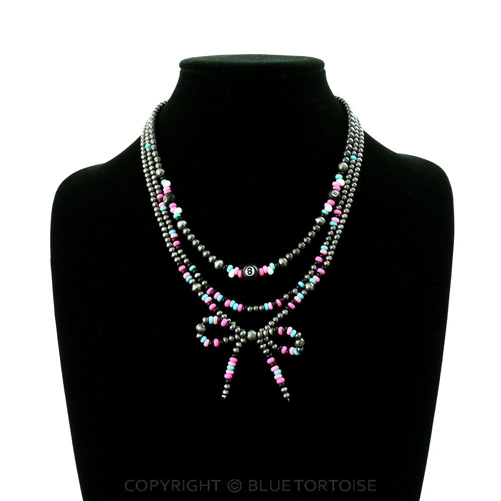 3 Layered Navajo Style Pearl Bow & 8 Ball Bead Necklace - Image 2