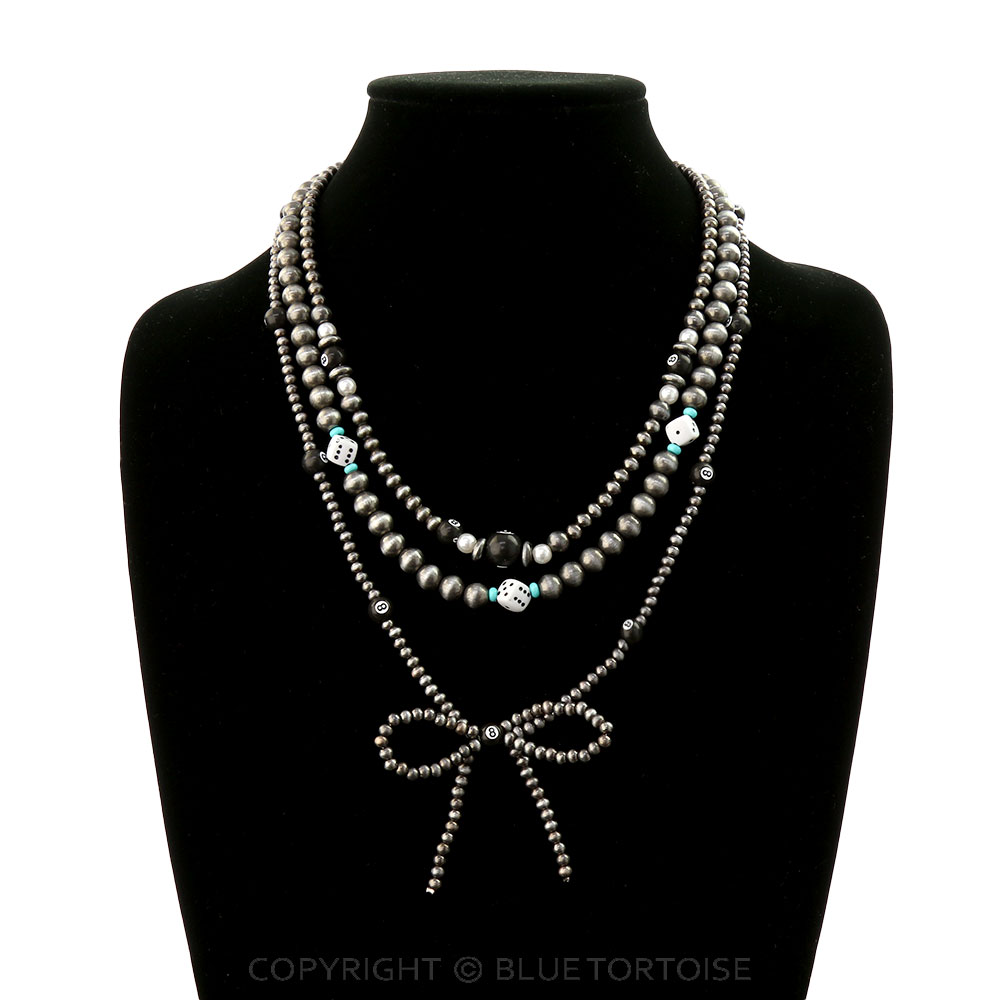 3 Layered Navajo Style Pearl Bow & Casino Bead Necklace - Image 2