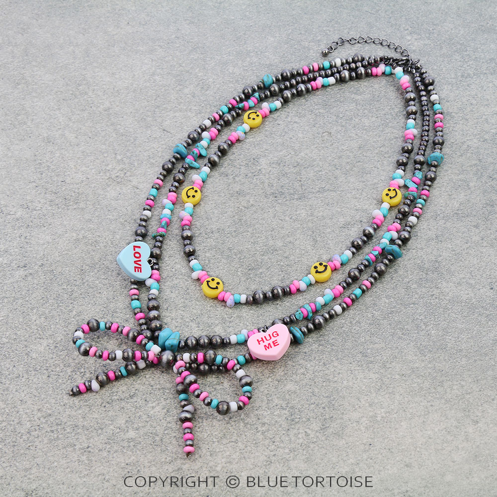 3 Layered Navajo Style Pearl Bow & Heart Bead Necklace