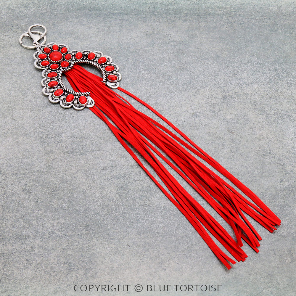 Western Squash Blossom Stone with Leather Tassel Key Chain/Bag Charm