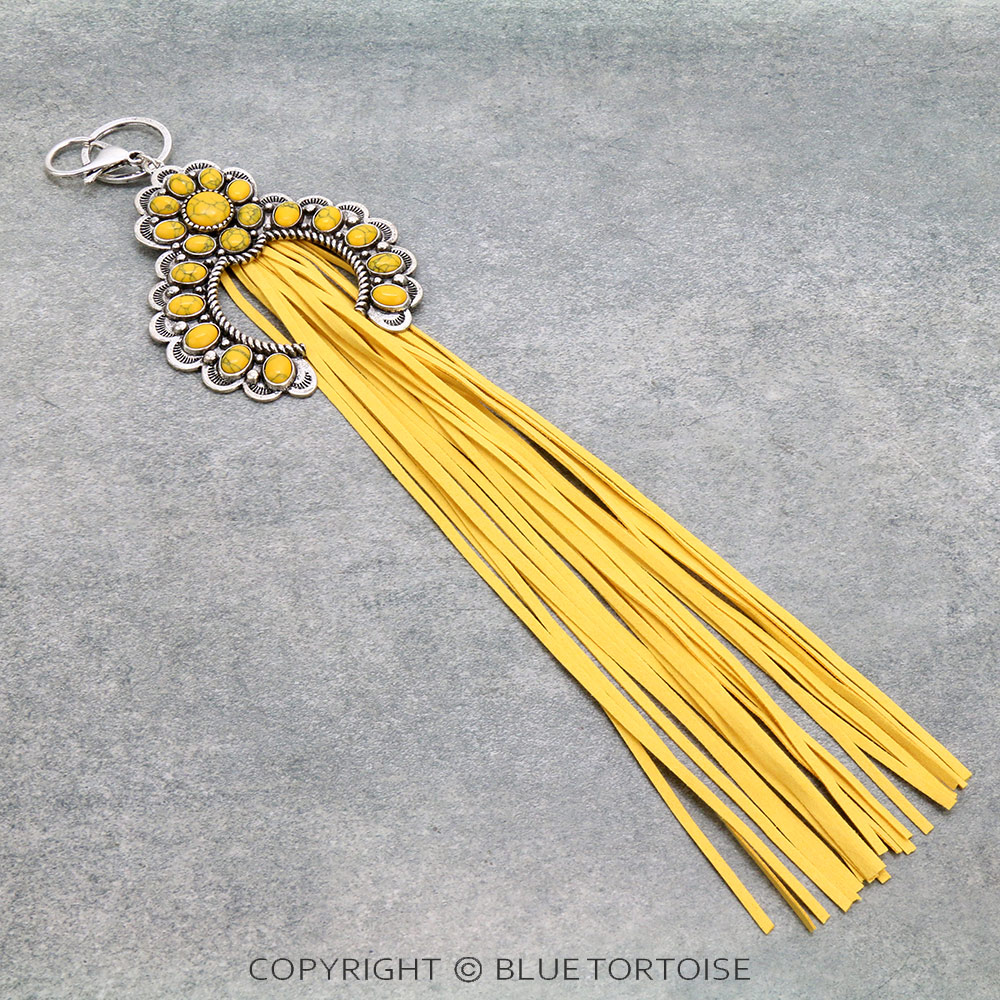 Western Squash Blossom Stone with Leather Tassel Key Chain/Bag Charm