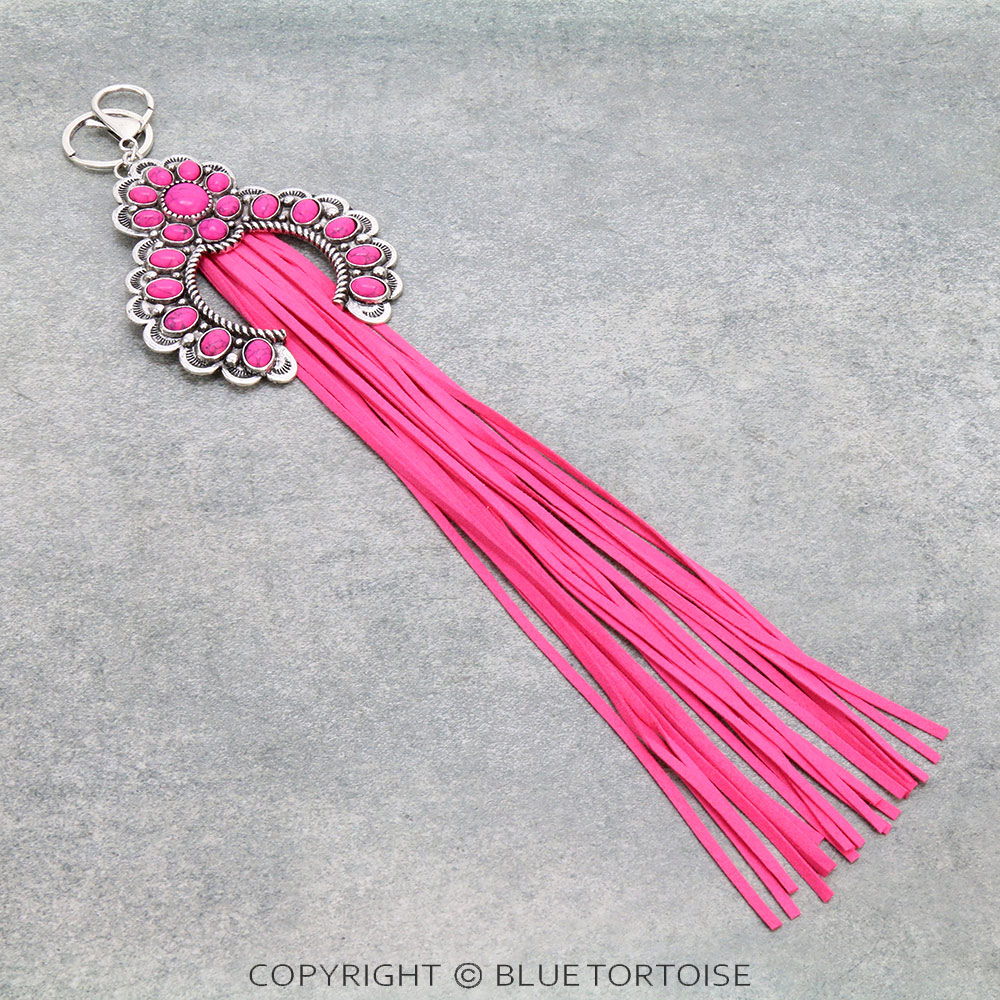 Western Squash Blossom Stone with Leather Tassel Key Chain/Bag Charm