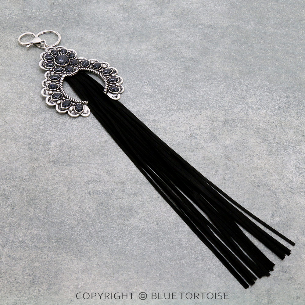 Western Squash Blossom Stone with Leather Tassel Key Chain/Bag Charm
