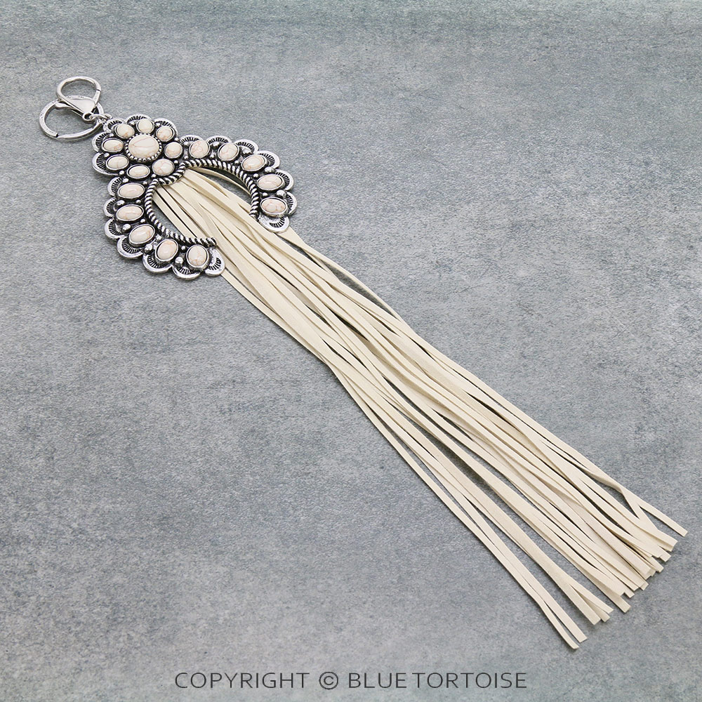 Western Squash Blossom Stone with Leather Tassel Key Chain/Bag Charm