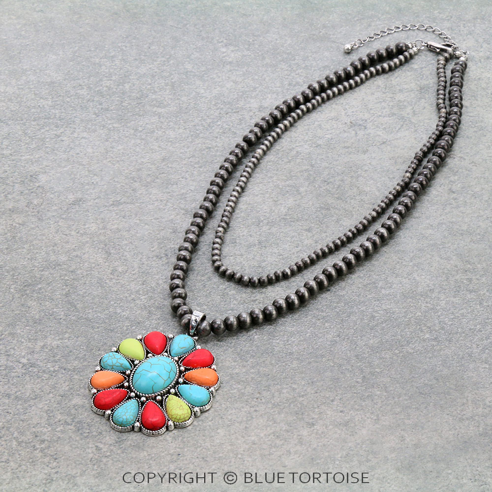Navajo Style Pearl with Concho Stone Pendant Necklace