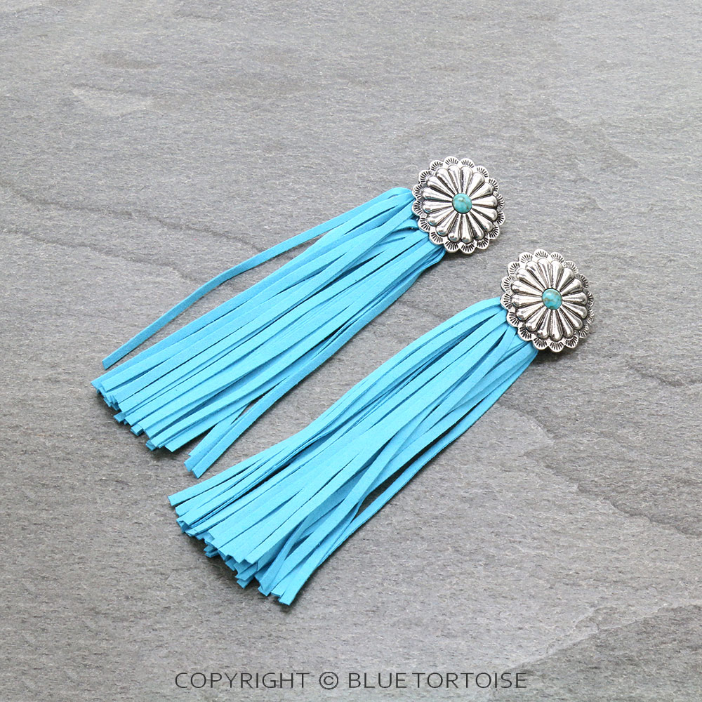 Western Concho with Leather Tassel Stud Earrings