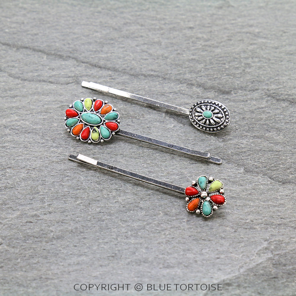 3 Pcs Western Concho Stone Hairpin