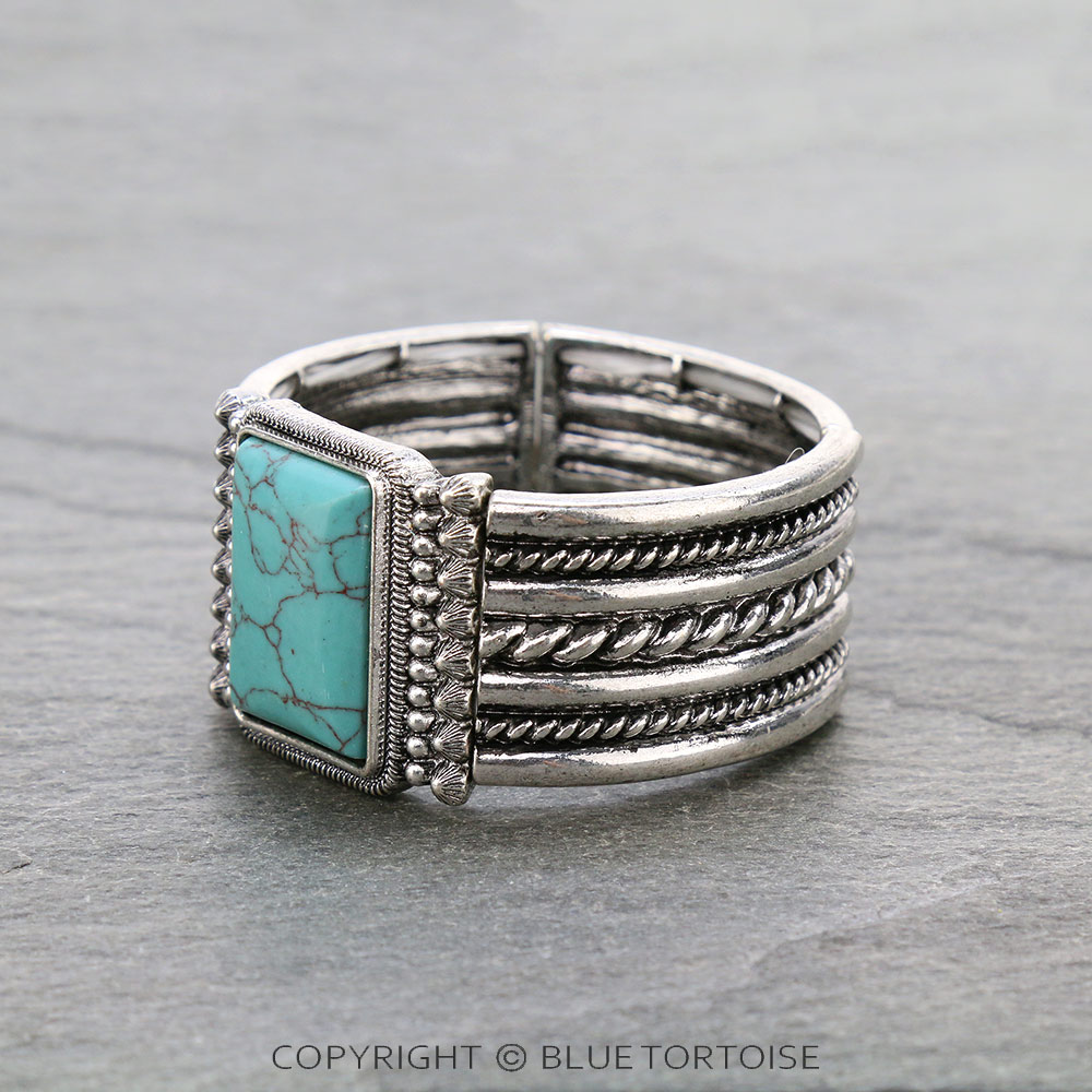 Western Rectangle Hand Craft Stone Stretch Bracelet - Image 2