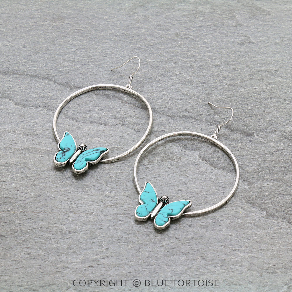 Butterfly Stone Hoop Dangle Earrings