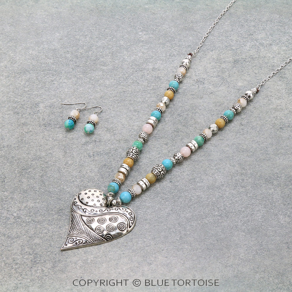 Western Multi Bead with Heart Pendant Necklace Set