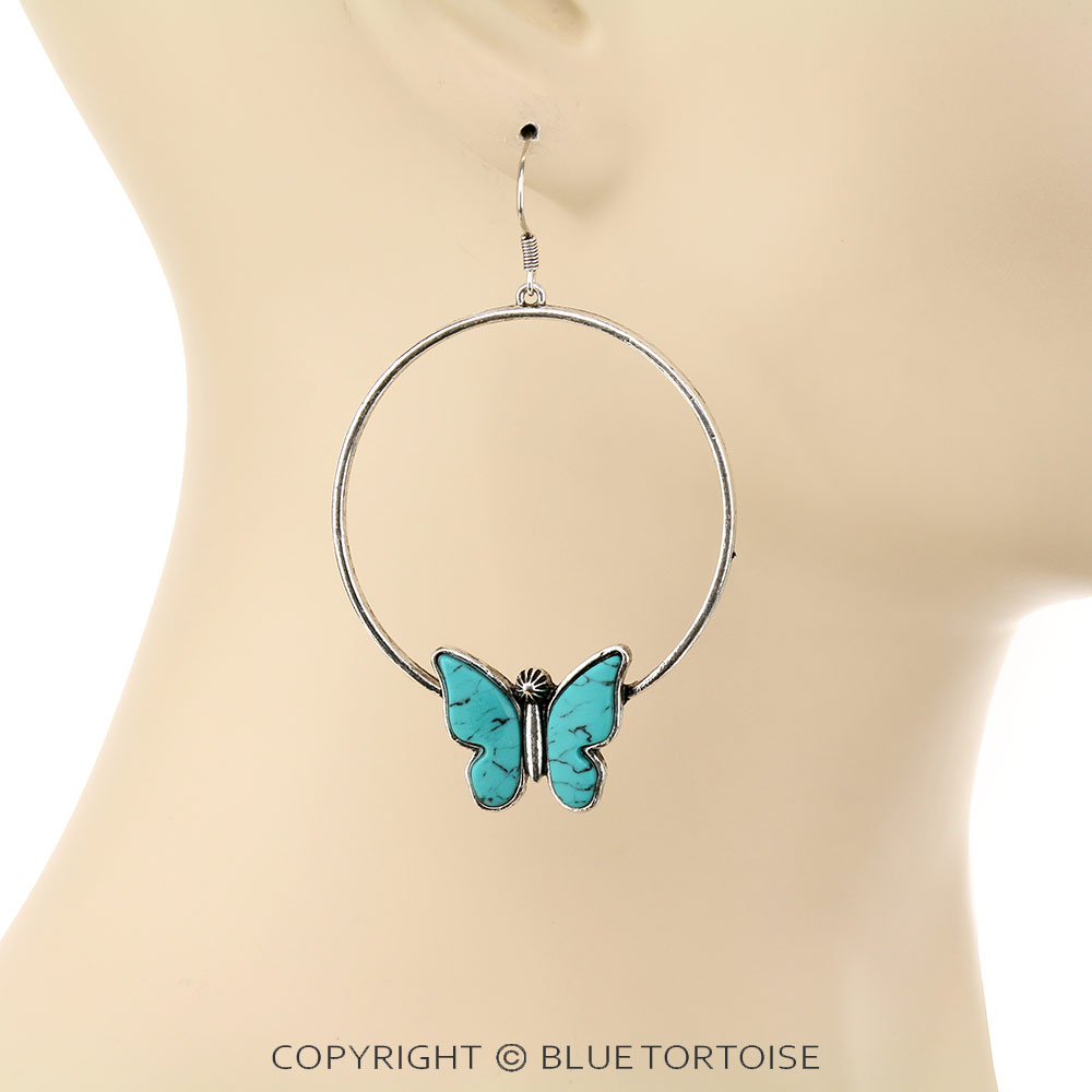 Butterfly Stone Hoop Dangle Earrings - Image 2