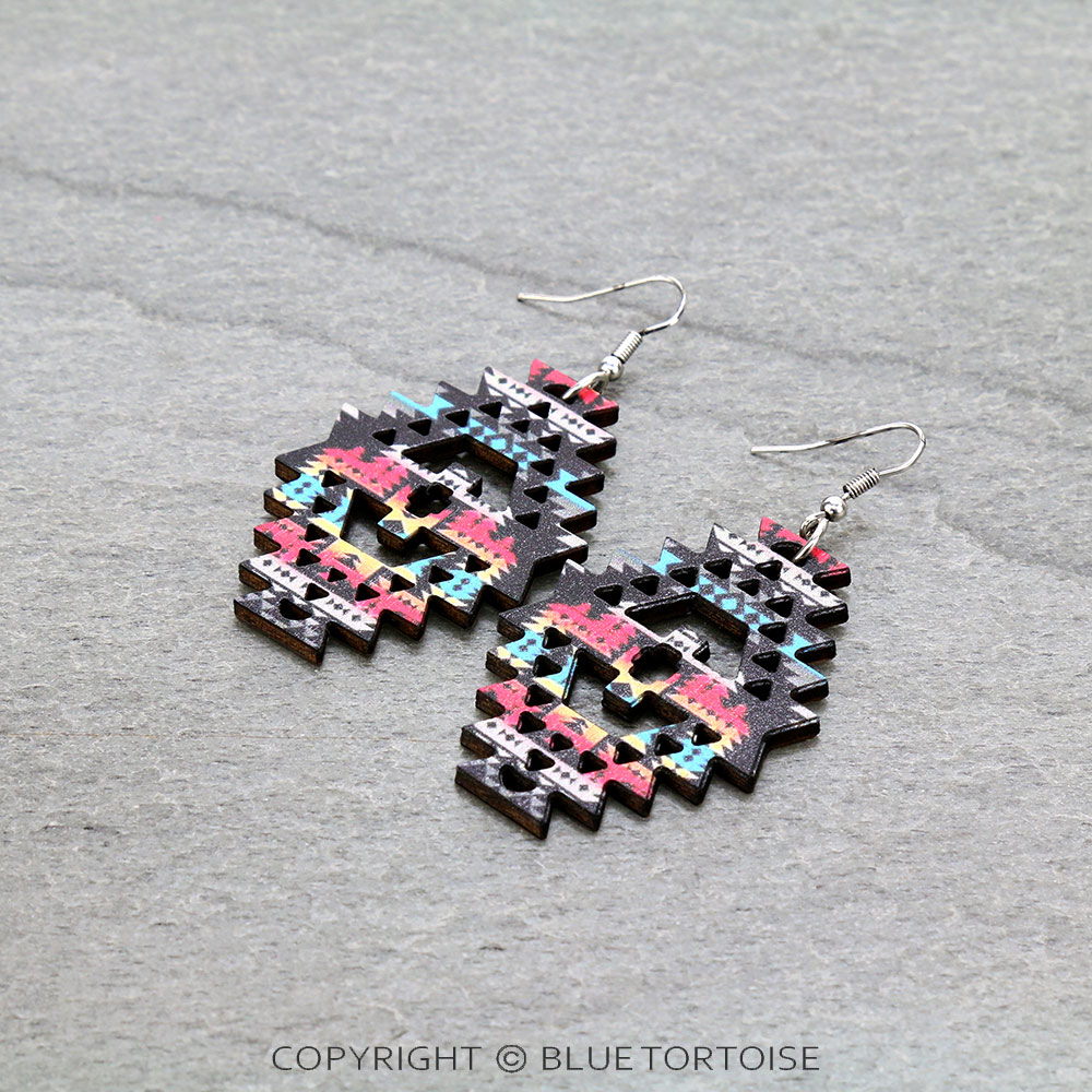 Western Navajo Style Pattern Wood Fish Hook Earrings