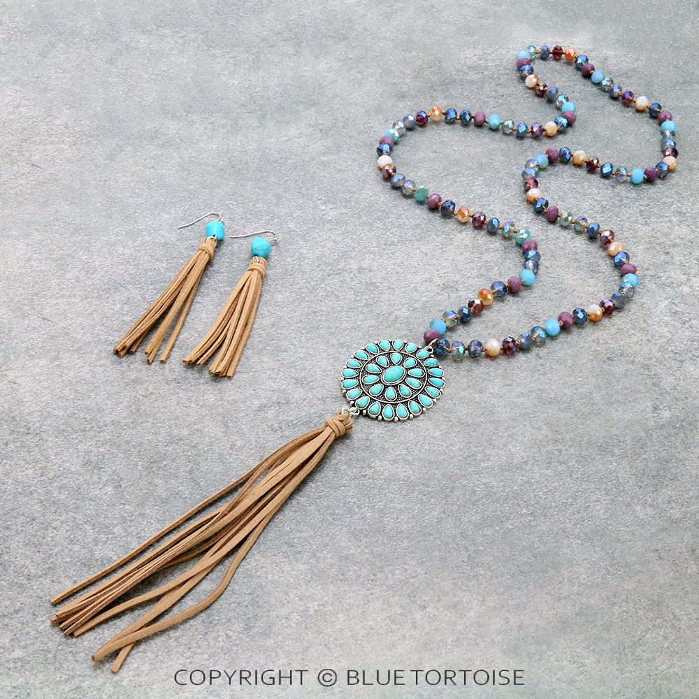 Western Concho Pendant with Leather Tassel Necklace Set