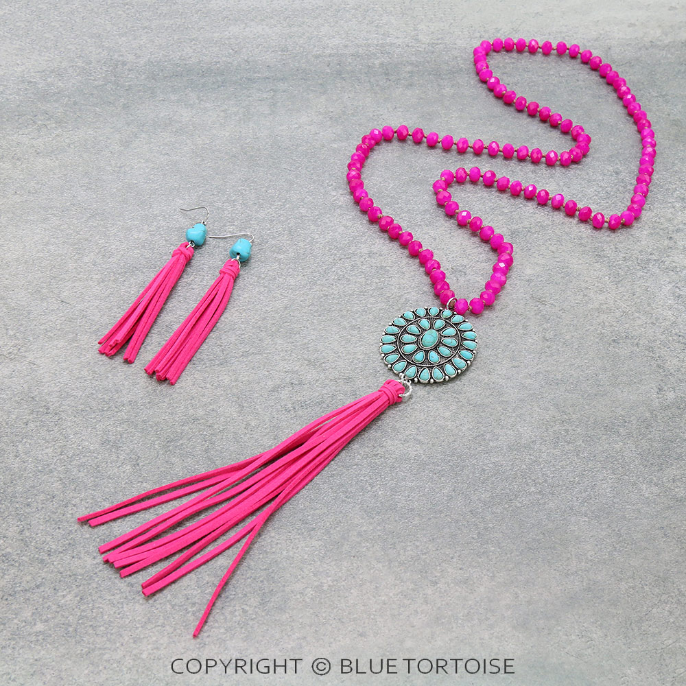 Western Concho Pendant with Leather Tassel Necklace Set