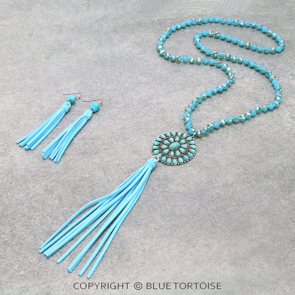 Western Concho Pendant with Leather Tassel Necklace Set