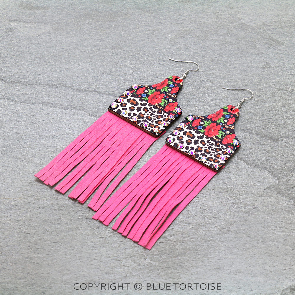 Wood Cattle Tag with Leather Tassel Dangle Earrings