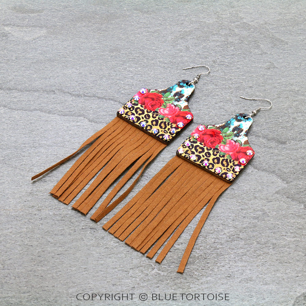 Wood Cattle Tag with Leather Tassel Dangle Earrings