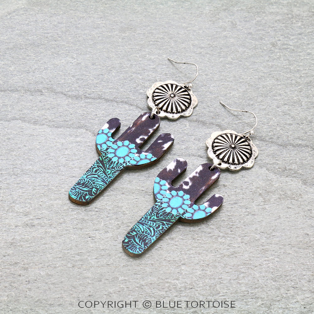 Wood Cactus Concho Dangle Earrings