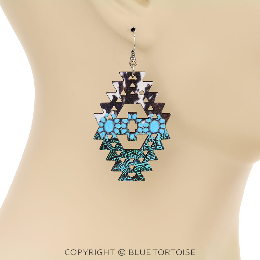 Wood Aztec Cutout Dangle Earrings - Image 2