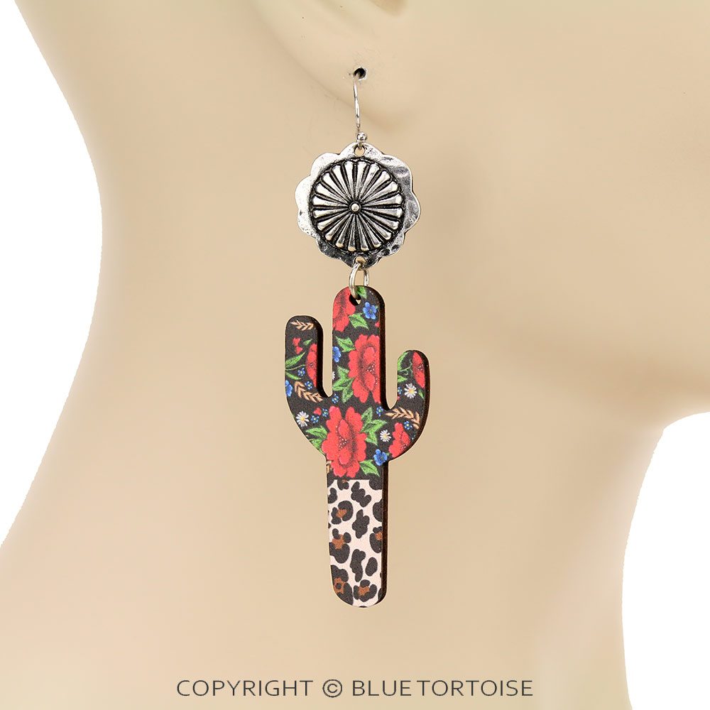 Wood Cactus Concho Dangle Earrings - Image 2