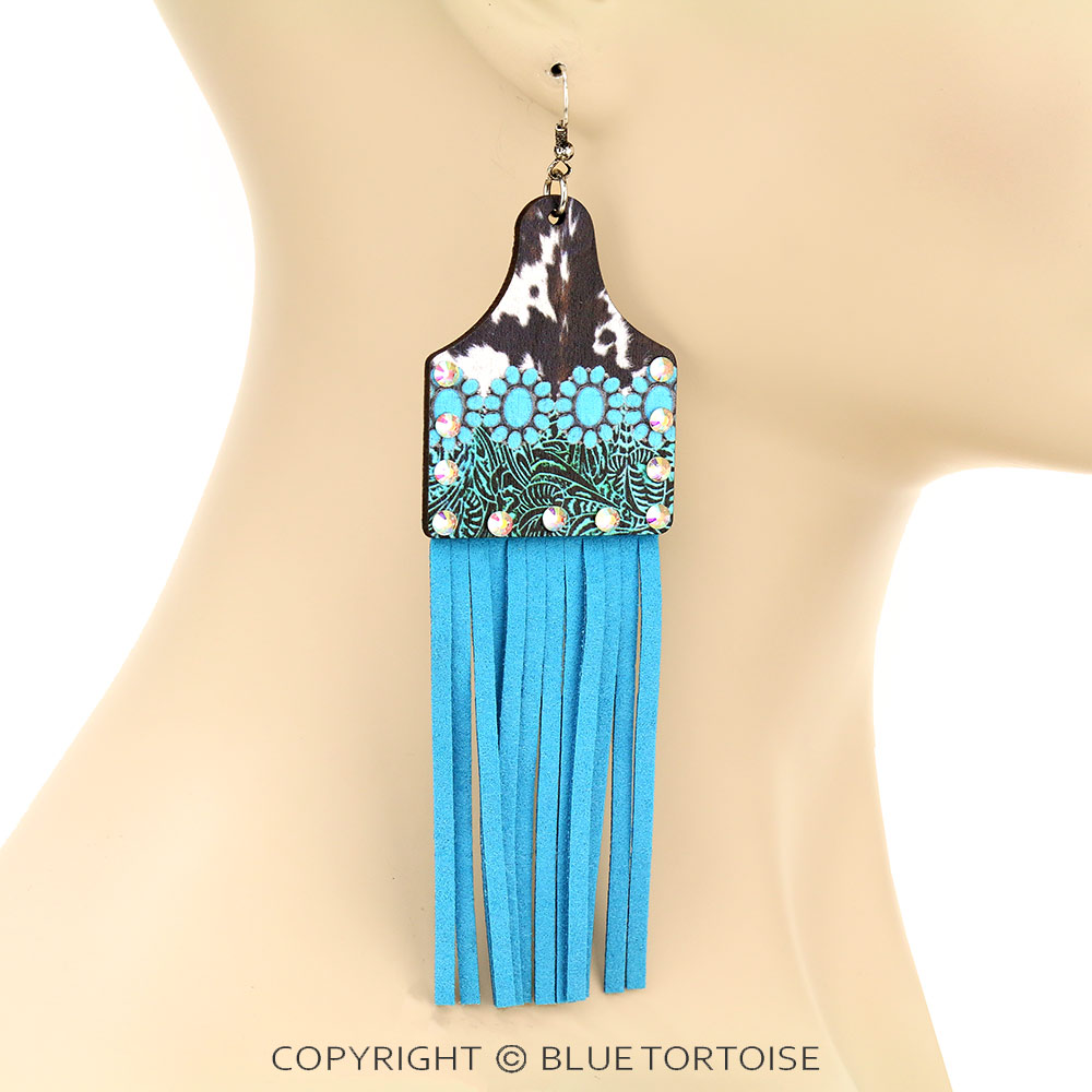 Wood Cattle Tag with Leather Tassel Dangle Earrings - Image 2