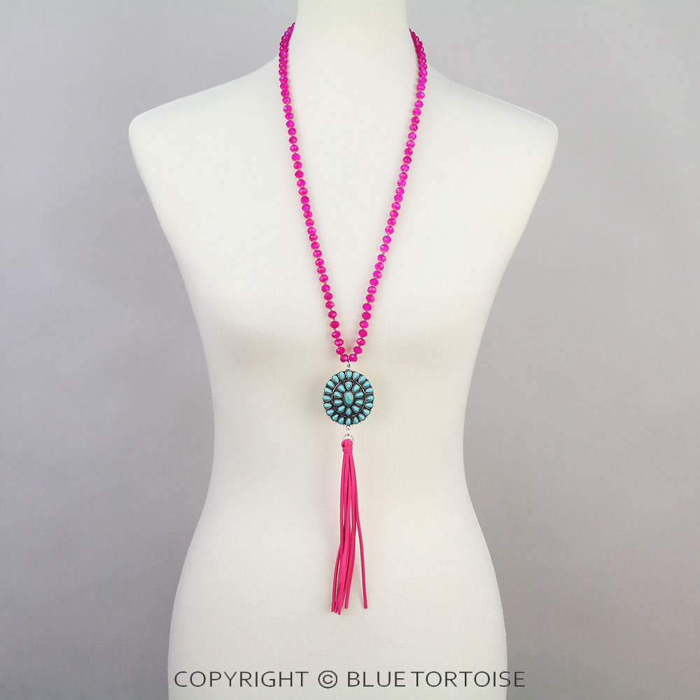 Western Concho Pendant with Leather Tassel Necklace Set - Image 2