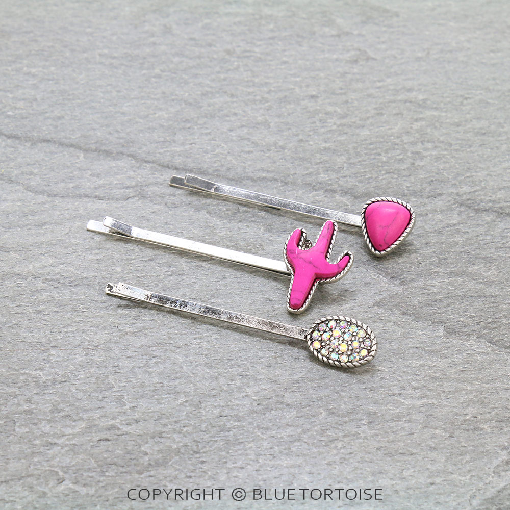 3 Pcs Western Cactus Stone Hairpin Set
