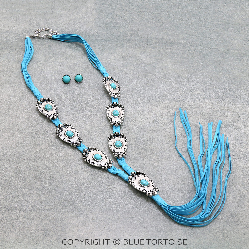 Western Concho With Leather Tassel Necklace Set