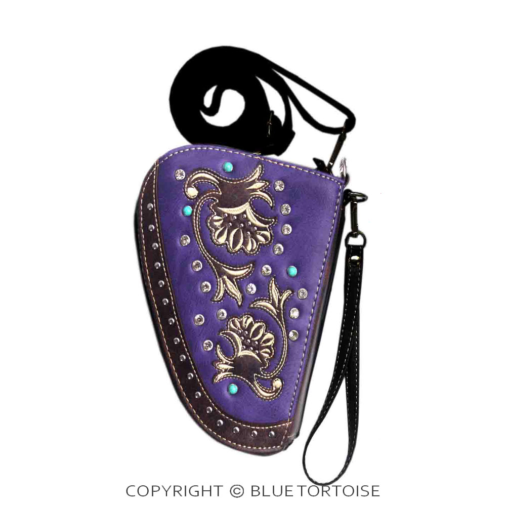 Swirly Vines Embroidery Faux Leather Gun Shape Crossbody Pouch