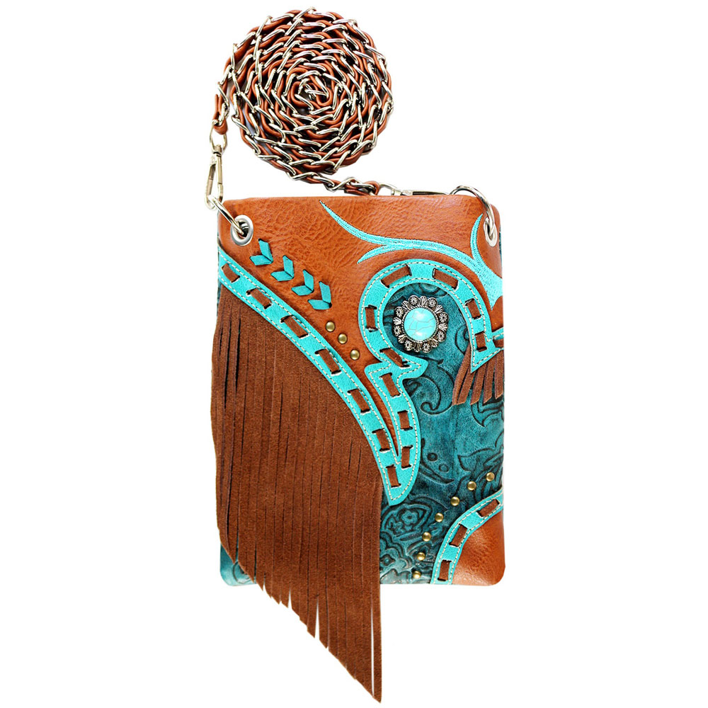 Western Turquoise Accent with Faux Leather Tassel Crossbody Bag