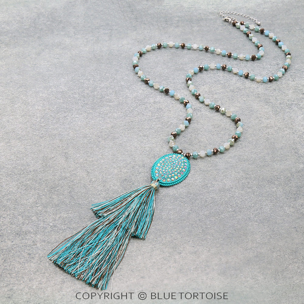 Glass Bead with Stone Tassel Necklace