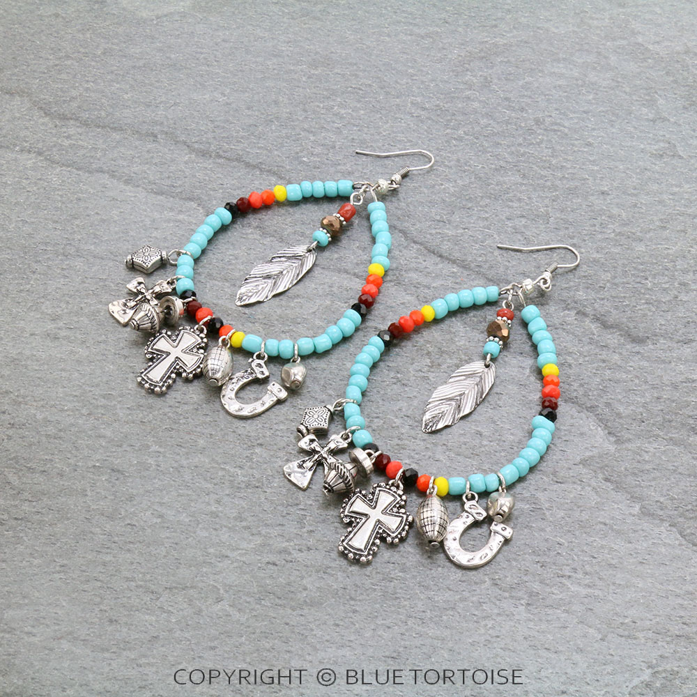 Western Bead Teardrop with Multi Charms Dangle Earrings