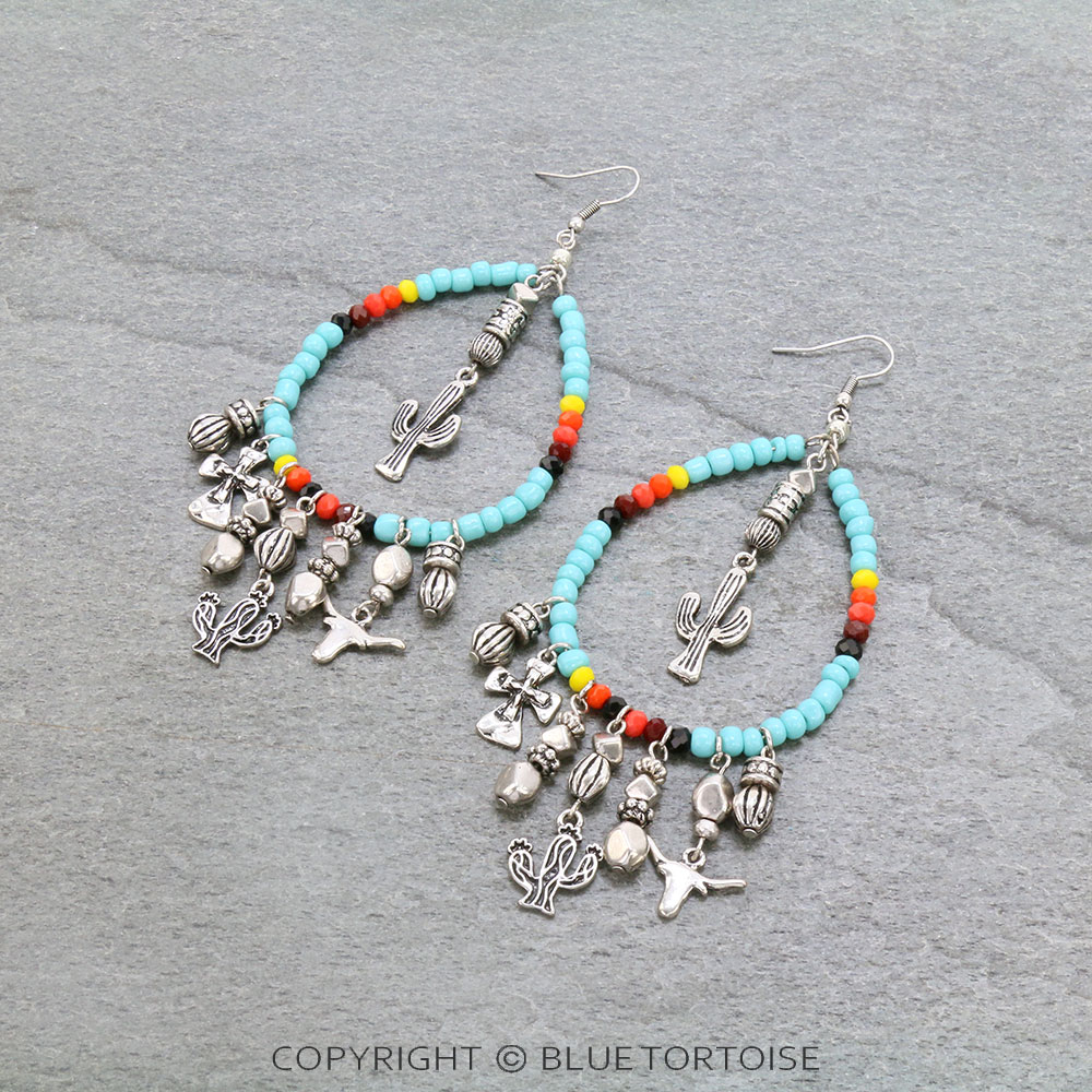 Western Bead Teardrop with Multi Charms Dangle Earrings