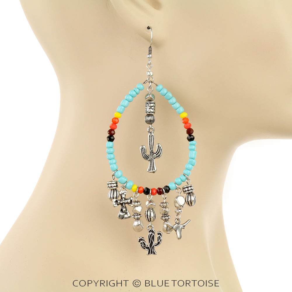 Western Bead Teardrop with Multi Charms Dangle Earrings - Image 2