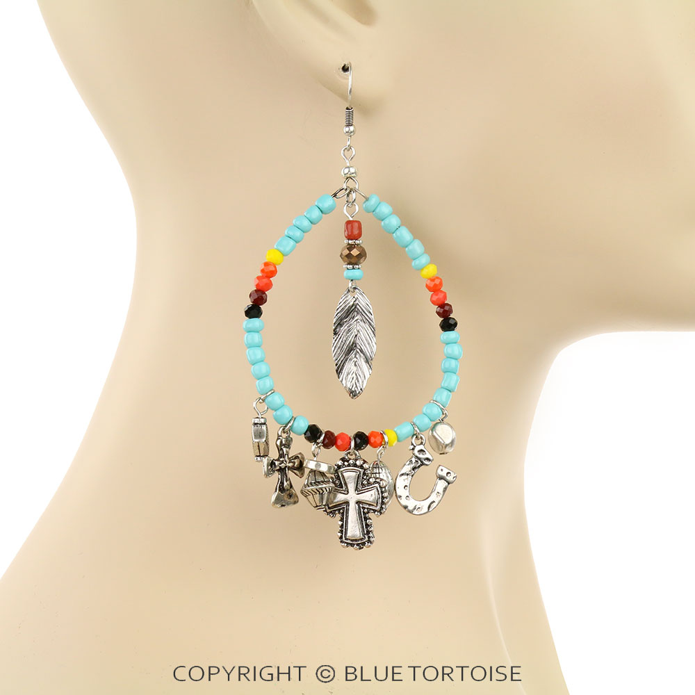 Western Bead Teardrop with Multi Charms Dangle Earrings - Image 2