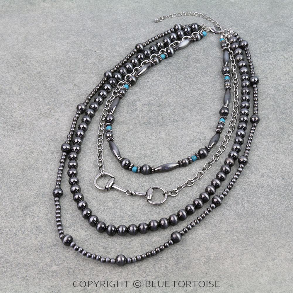 4 Layered Navajo Style Pearl and Horsebit Necklace