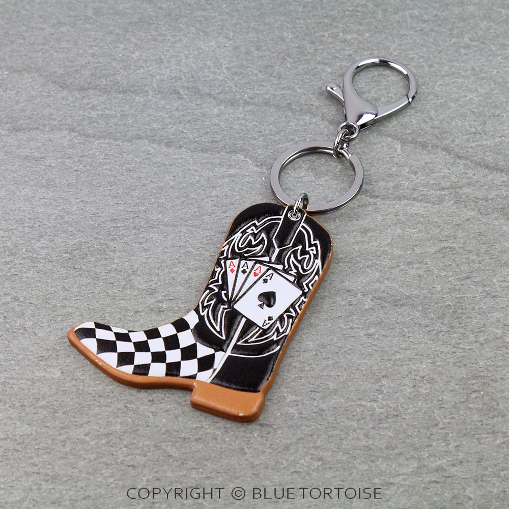 Western Tooled Leather Key Ring - Poker Cowboy Boot