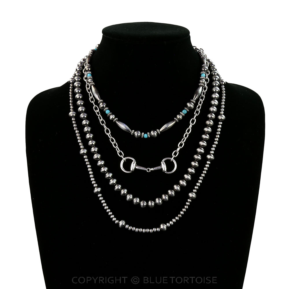 4 Layered Navajo Style Pearl and Horsebit Necklace - Image 2