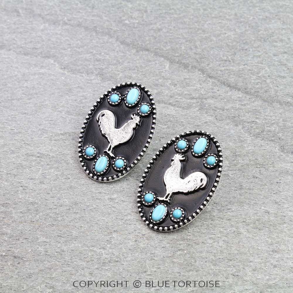 Western Oval Rooster Silhouette Stud Earrings