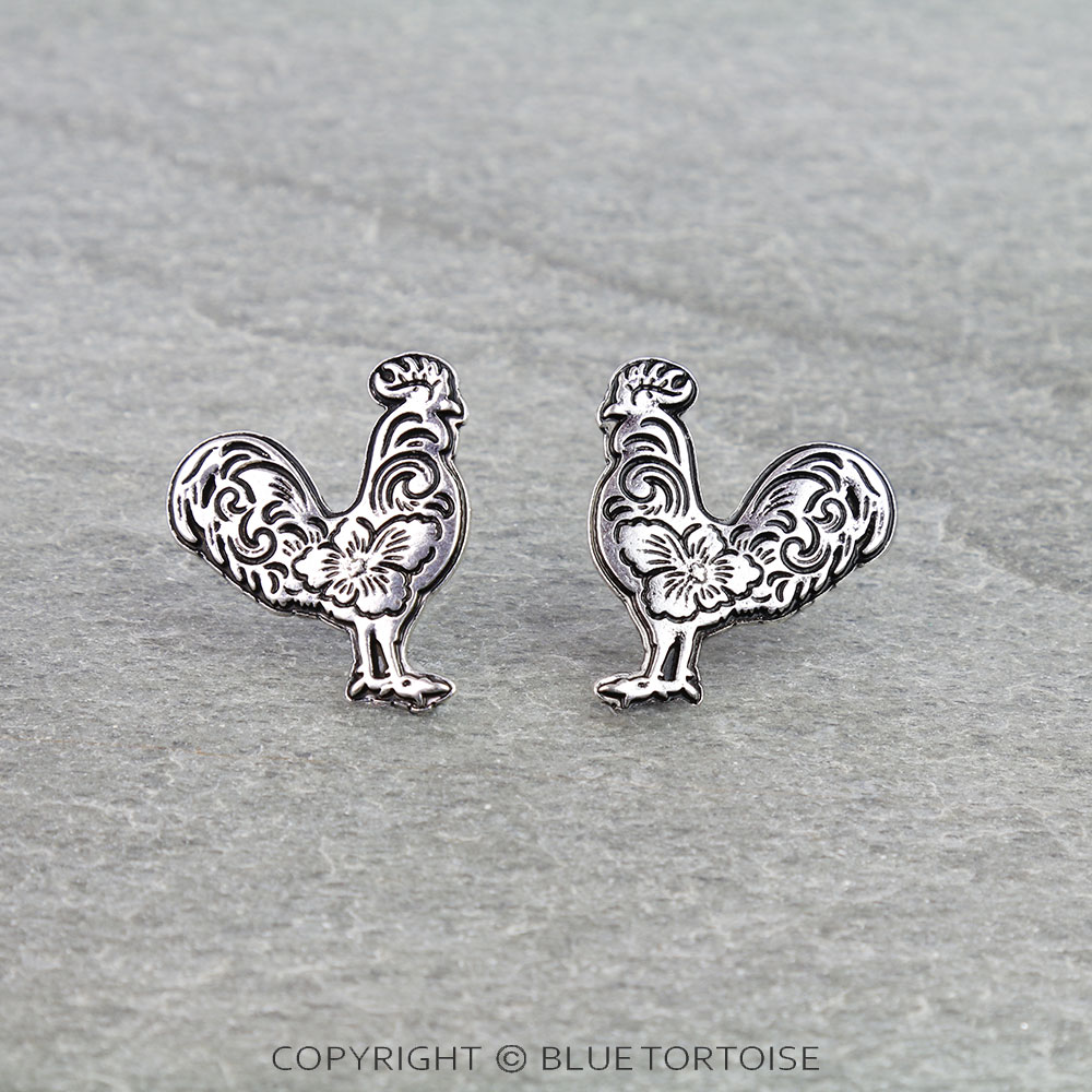 Western Rooster Etched Stud Earrings