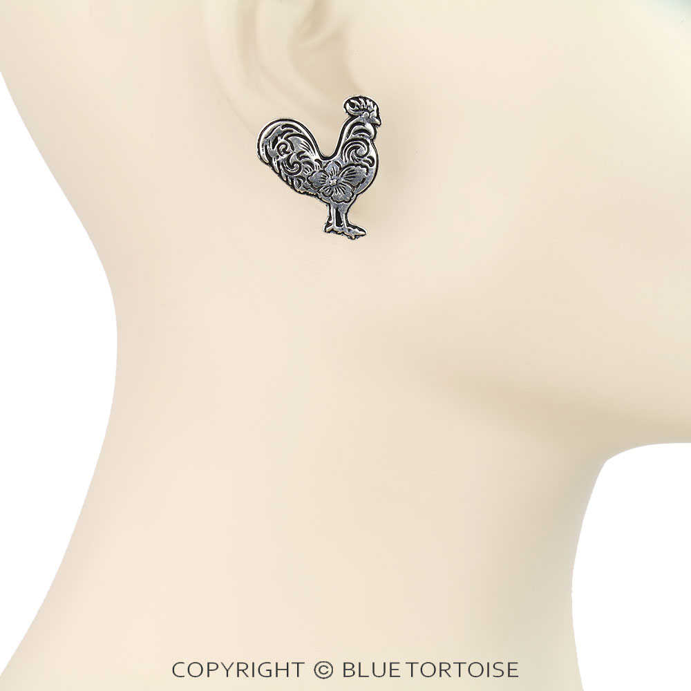 Western Rooster Etched Stud Earrings - Image 2