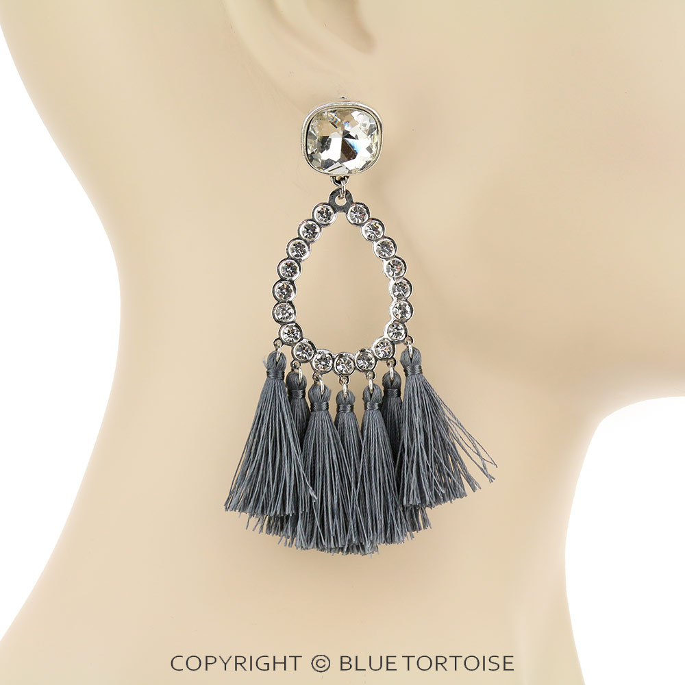 Glass Stone Teardrop with Tassel Stud Earrings - Image 2
