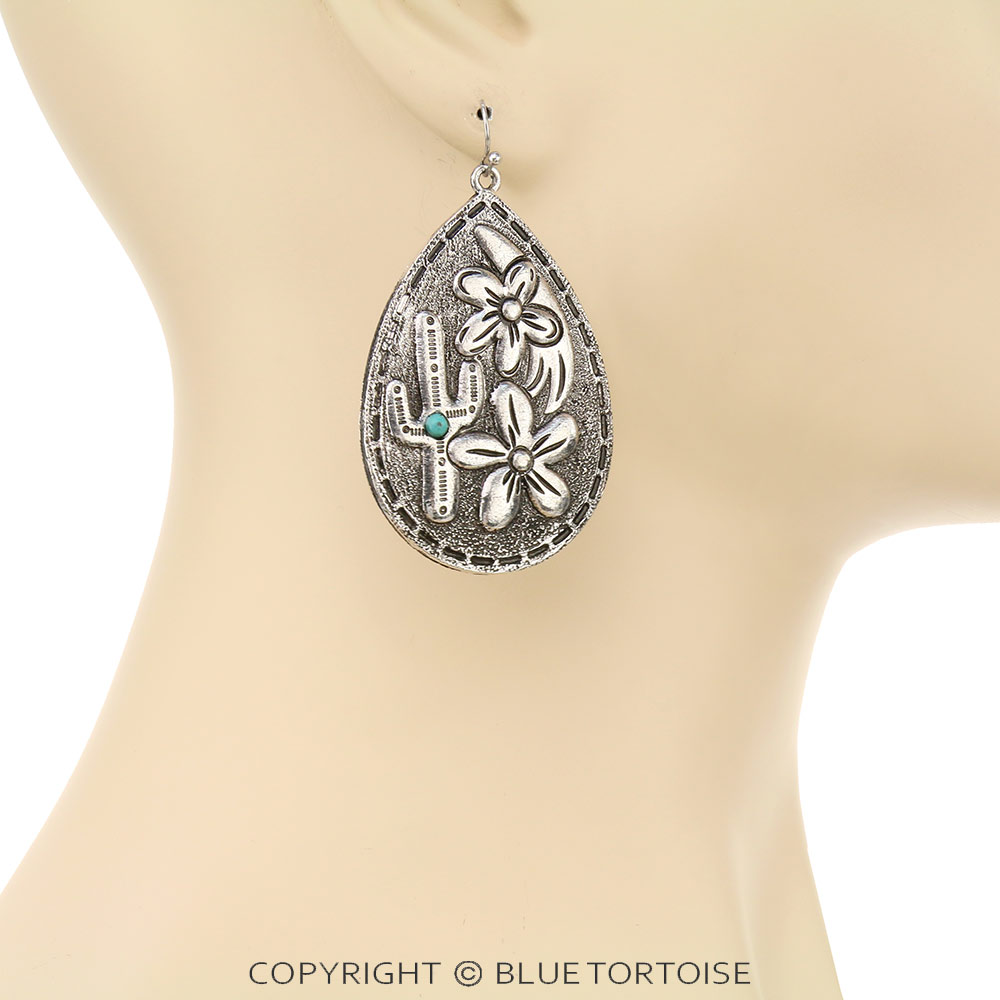 Western Cactus & Flower Teardrop Dangle Earrings - Image 2