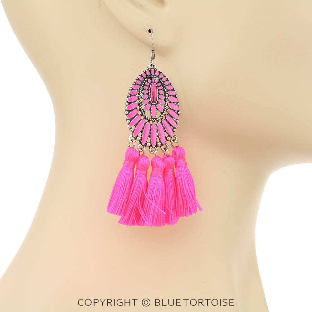 Epoxy Concho with Tassel Dangle Earrings - Image 2