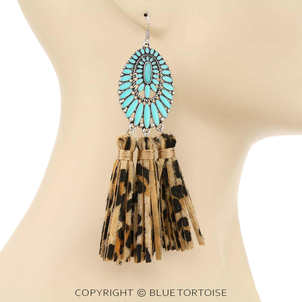Epoxy Concho with Leather Tassel Dangle Earrings/D - Image 2