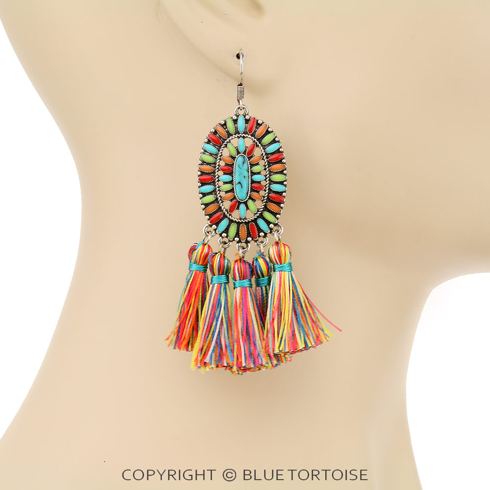 Epoxy Concho with Tassel Dangle Earrings - Image 2