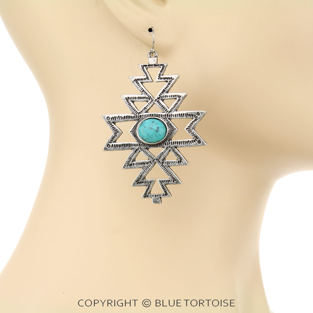 Western Aztec Pattern Stone Dangle Earrings - Image 2