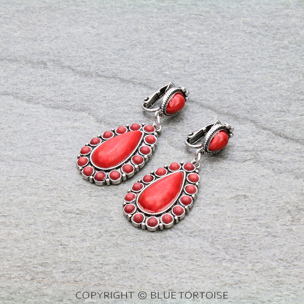 Western Teardrop Stone Clip On Earrings