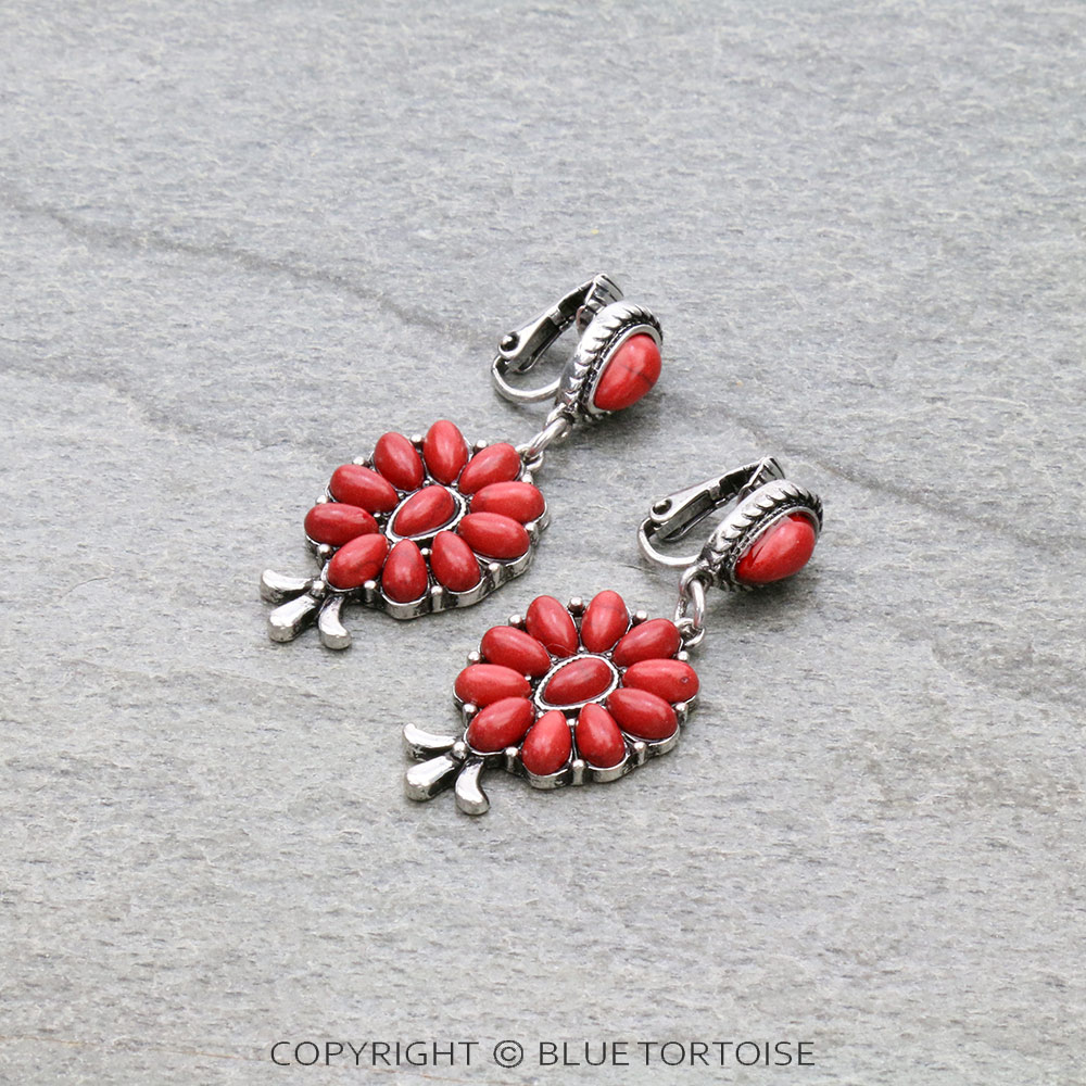 Western Squash Blossom Stone Clip On Earrings